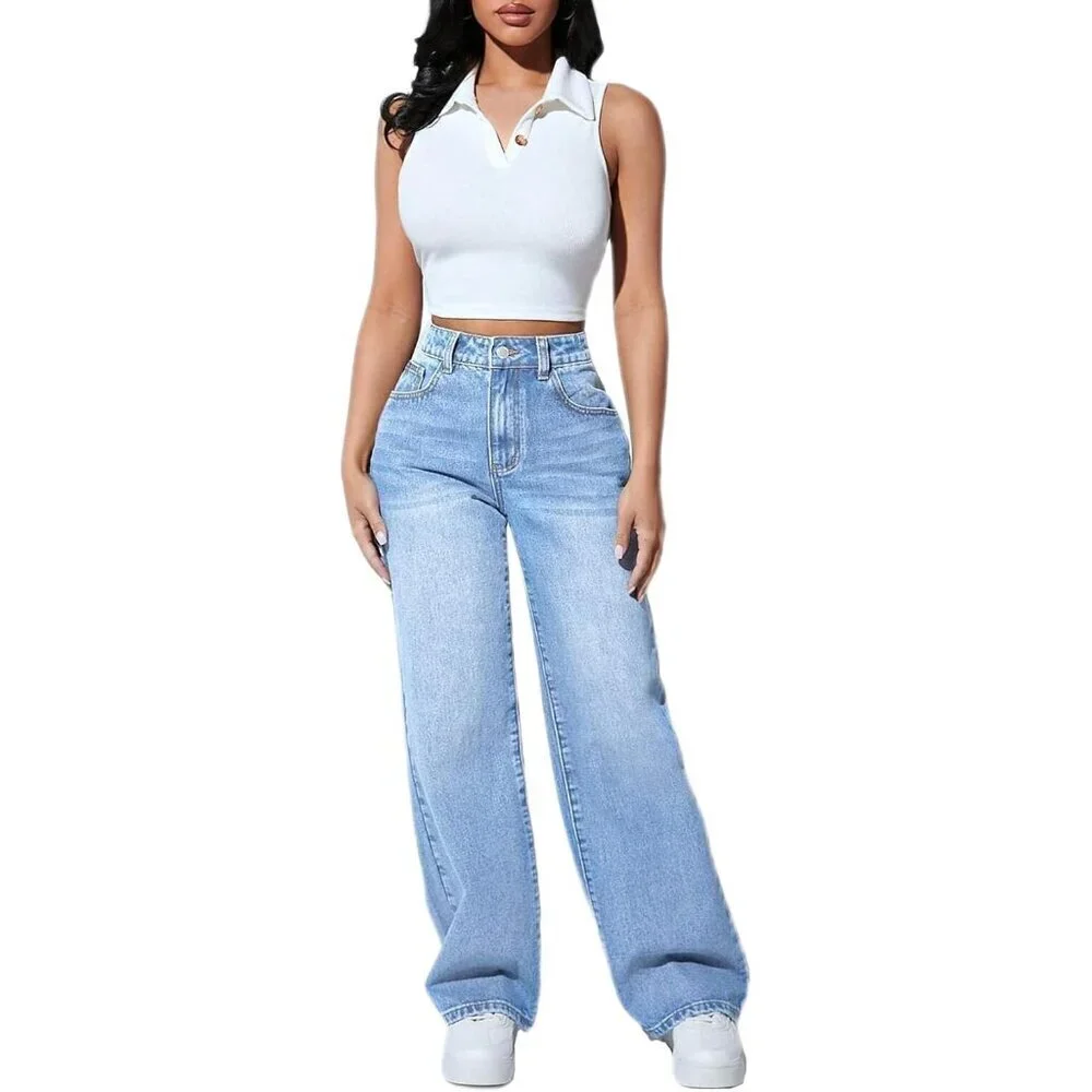 Women’s High Waisted Straight Leg Stretch Denim Jeans Light Blue Large